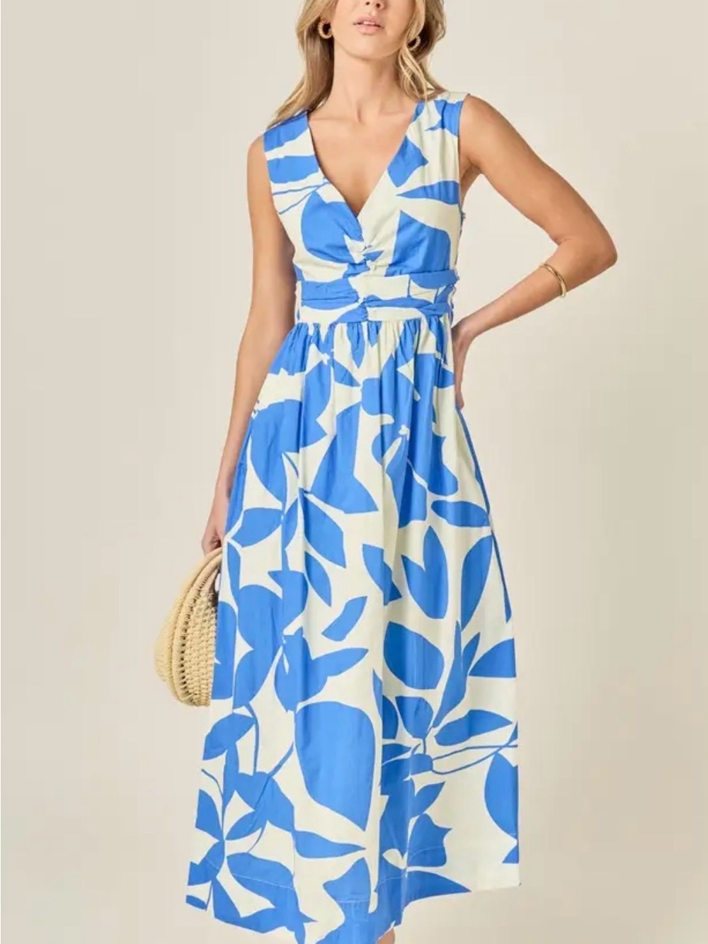 Blue & Cream V-Neck Maxi Dress - Sleeveless Floral Print
